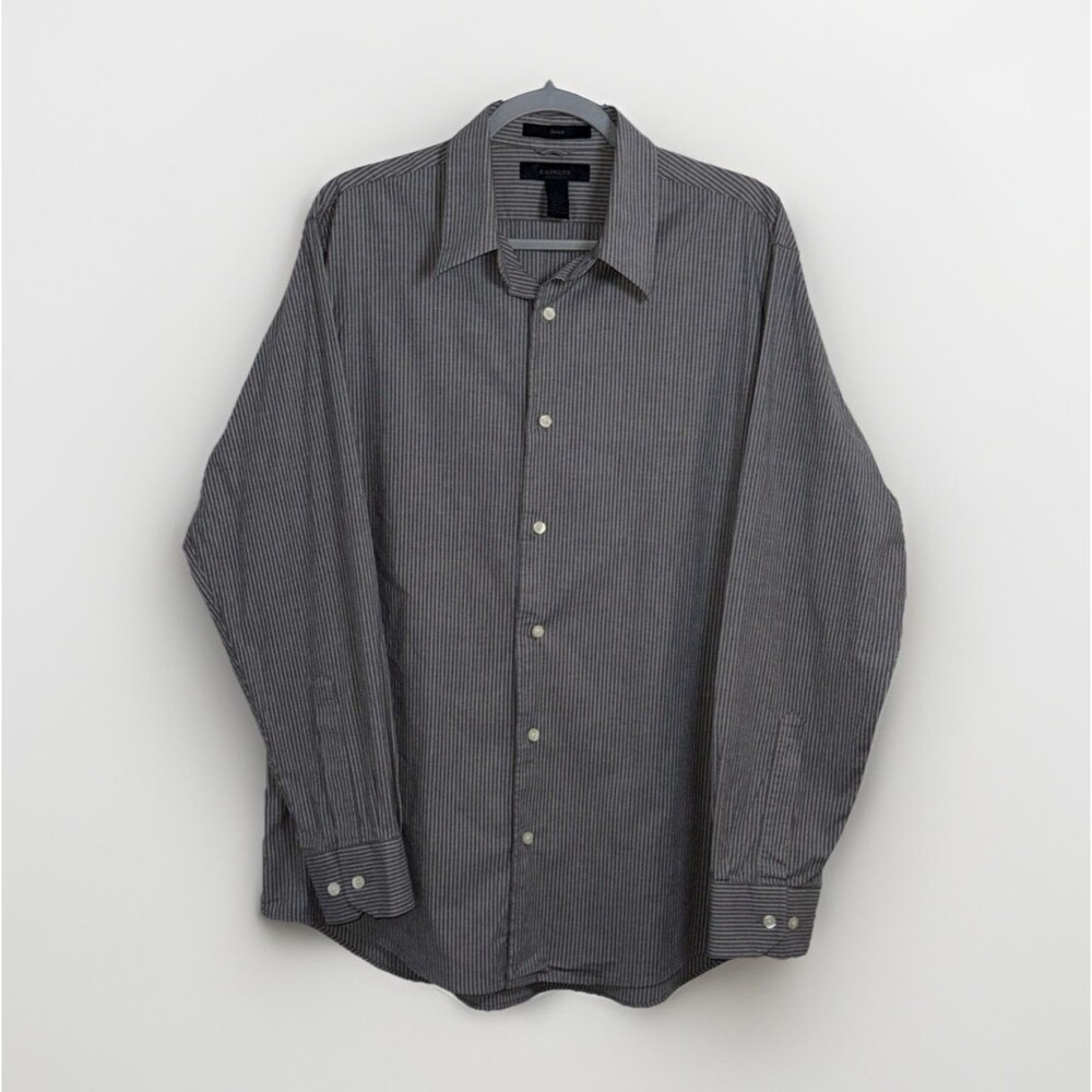 Express Shirt Mens Large Button Up Long Sleeve Collared Gray White Striped